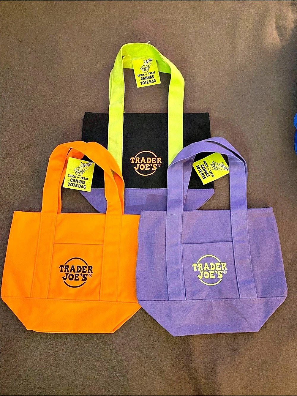Trader Joe's Halloween Mini Canvas Tote Bag 3-Piece Black, Orange, Purple, Green